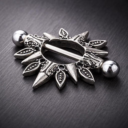 Stainless Steel Tribal Design Sunburst Nipple Shield - Skin Metals