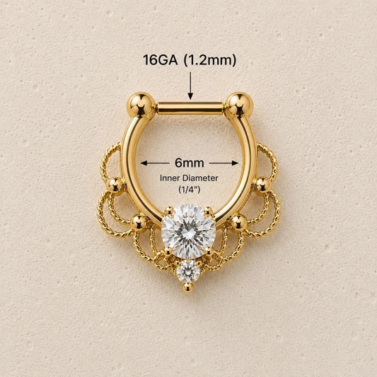 Gold Ornate Filigree Septum Clicker 16G CZ Mirror