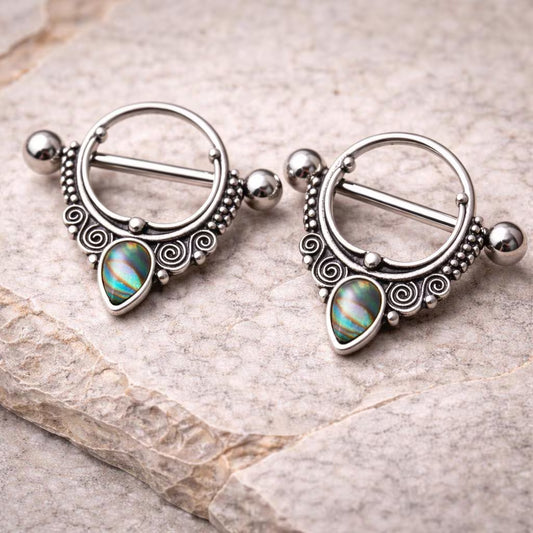 Stainless Steel Ornate Nipple Shield with Tear Drop Abalone Nipple Ring Skin Metals