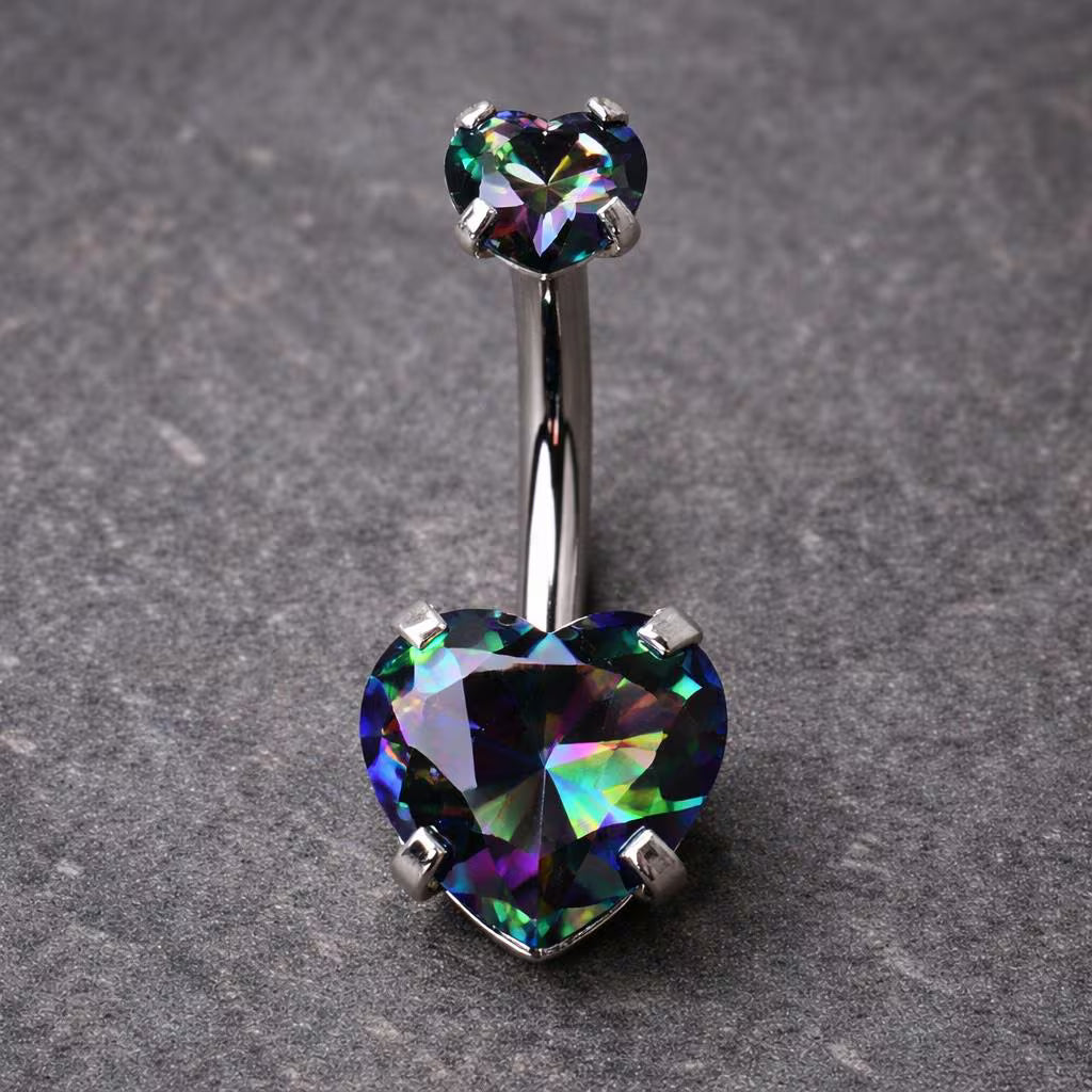 Internally Threaded 316L Stainless Steel Prong Set Vitrail Medium Heart Navel Ring Belly Button Ring Skin Metals