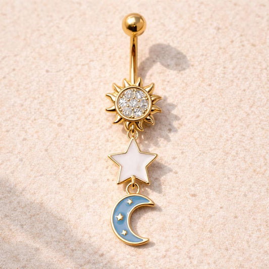 Gold Plated Sun, Moon & Star Belly Button Dangle Navel Ring Navel Ring Skin Metals