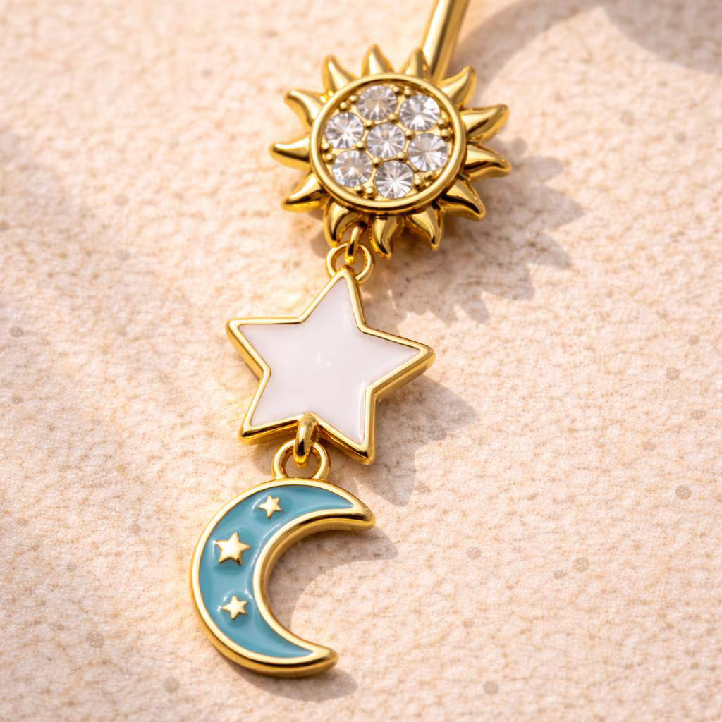 Gold Plated Sun, Moon & Star Belly Button Dangle Navel Ring Navel Ring Skin Metals