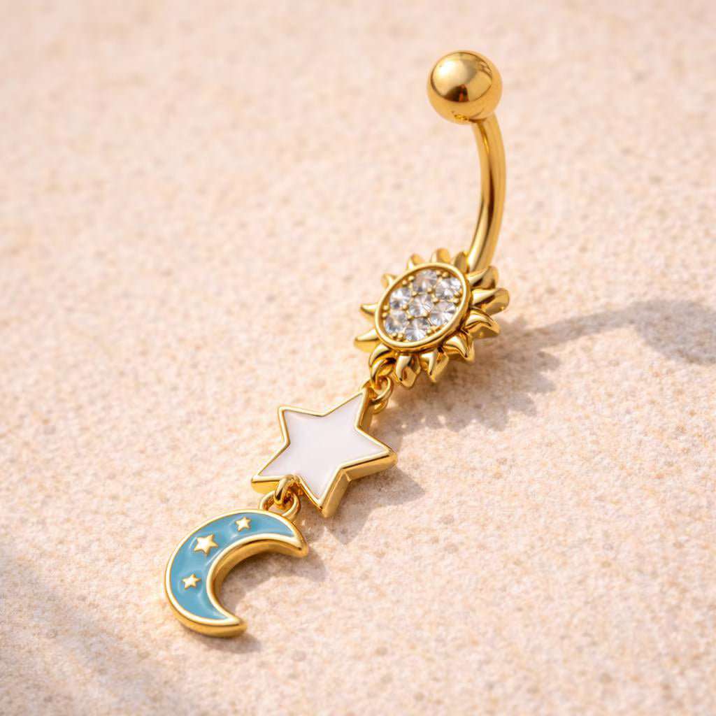 Gold Plated Sun, Moon & Star Belly Button Dangle Navel Ring Navel Ring Skin Metals