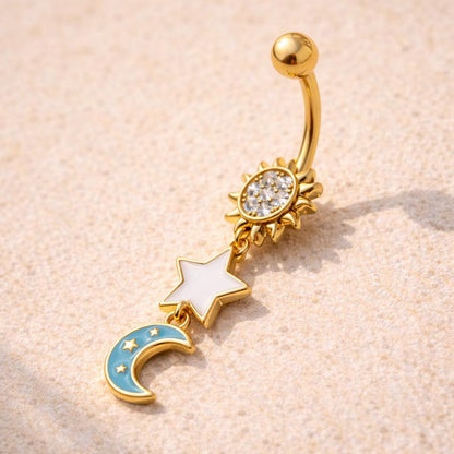 Gold Plated Sun, Moon & Star Belly Button Dangle Navel Ring Navel Ring Skin Metals