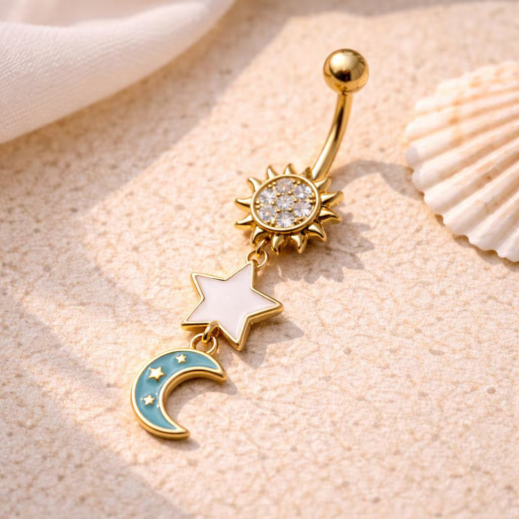 Gold Plated Sun, Moon & Star Belly Button Dangle Navel Ring Navel Ring Skin Metals