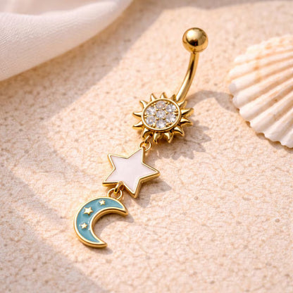Gold Plated Sun, Moon & Star Belly Button Dangle Navel Ring Navel Ring Skin Metals