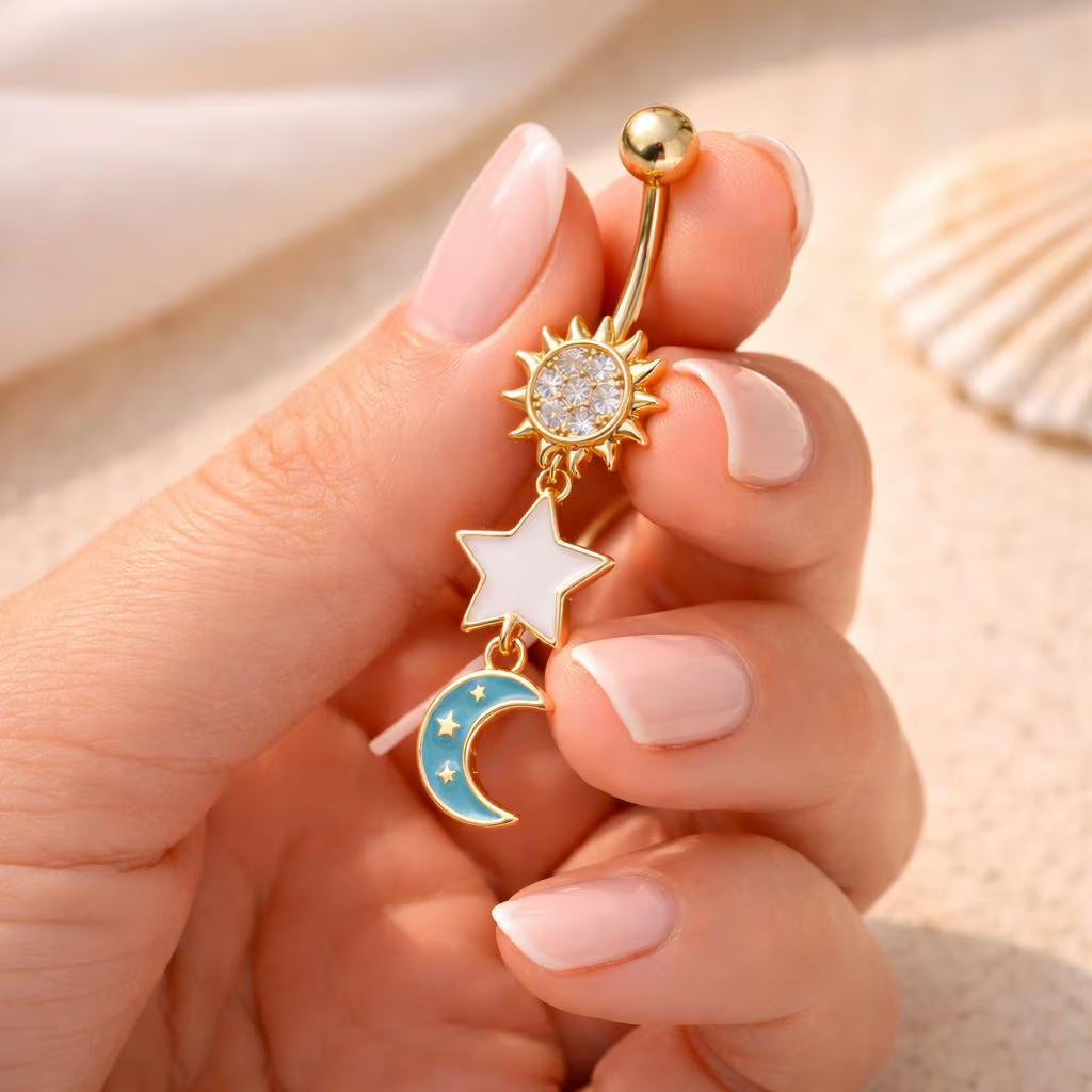 Gold Plated Sun, Moon & Star Belly Button Dangle Navel Ring Navel Ring Skin Metals