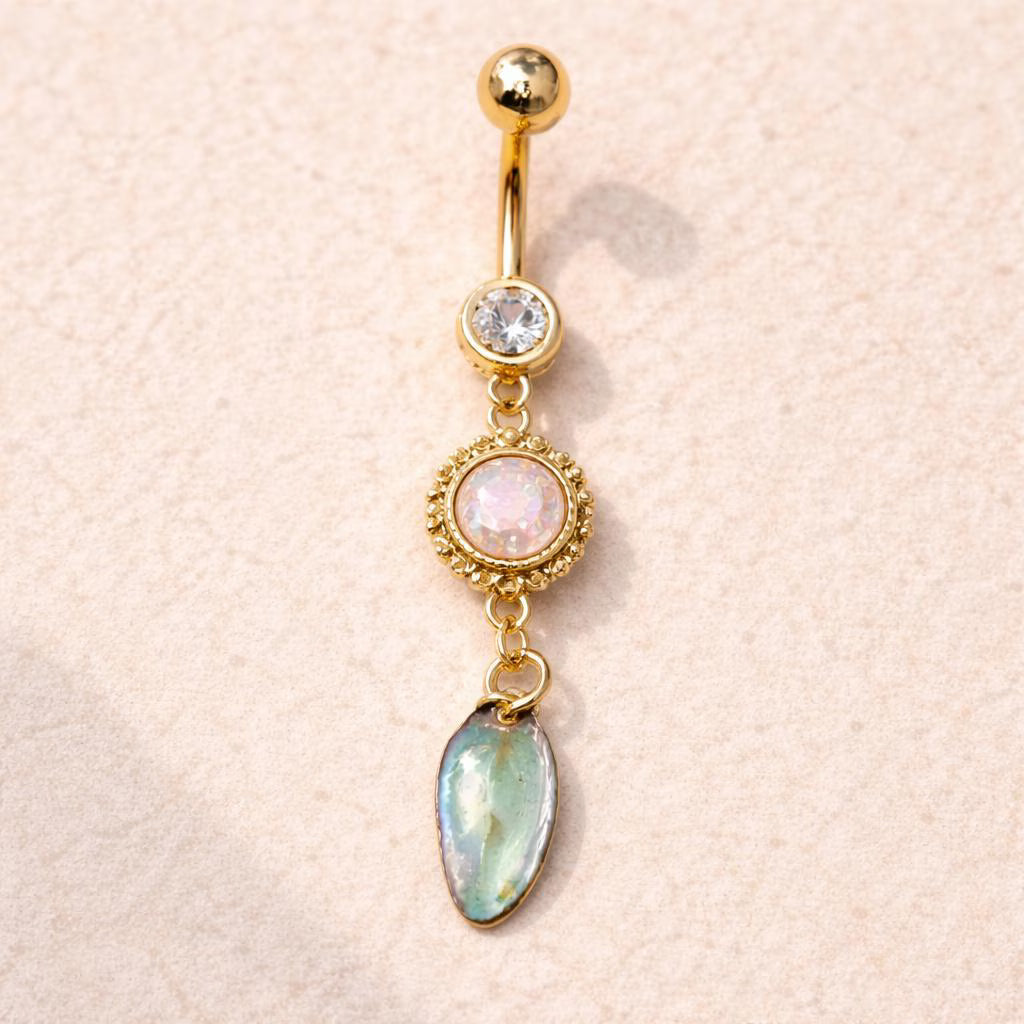 Gold Plated Sunburst Navel Ring with Synthetic Opal and Abalone Navel Ring Skin Metals