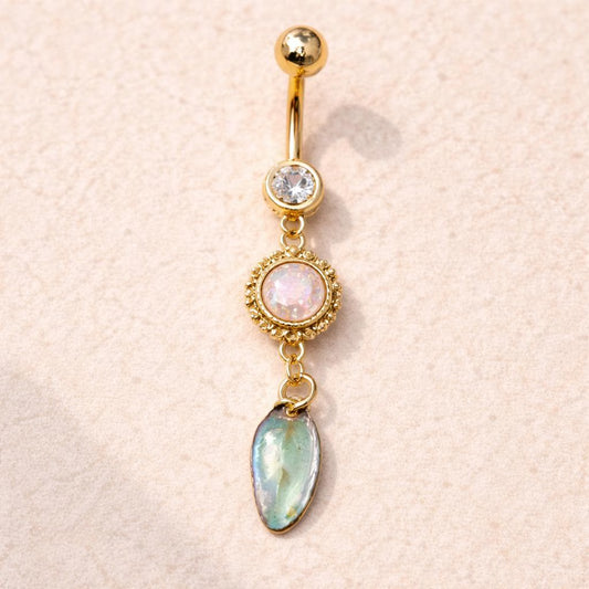 Gold Plated Sunburst Navel Ring with Synthetic Opal and Abalone Navel Ring Skin Metals