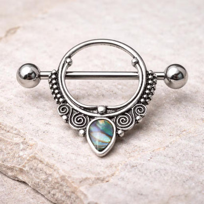 Stainless Steel Ornate Nipple Shield with Tear Drop Abalone Nipple Ring Skin Metals