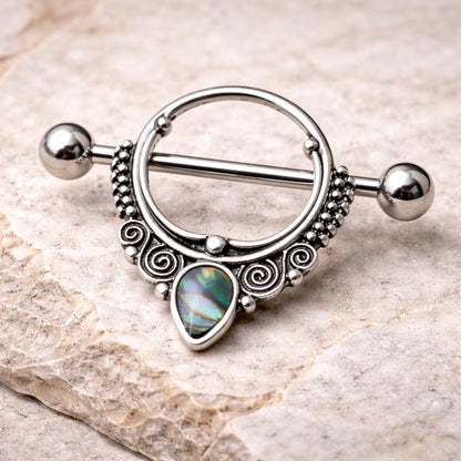 Stainless Steel Ornate Nipple Shield with Tear Drop Abalone Nipple Ring Skin Metals