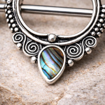 Stainless Steel Ornate Nipple Shield with Tear Drop Abalone Nipple Ring Skin Metals