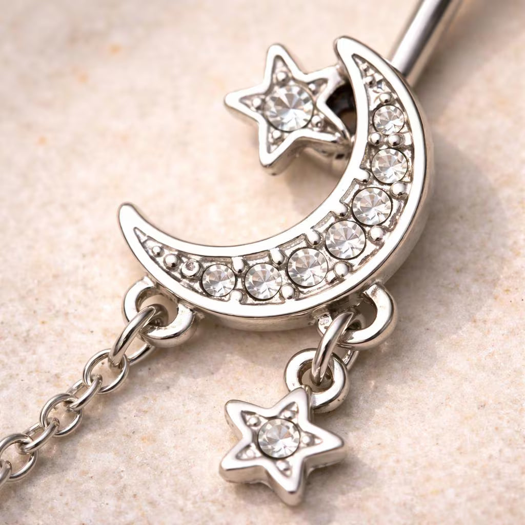 Stainless Steel Moon and Stars Dangle Navel Ring Navel Ring Impulse Piercings