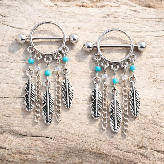 Surgical Steel Turquoise Beads Feather Dangle Nipple Shield Nipple Ring Skin Metals