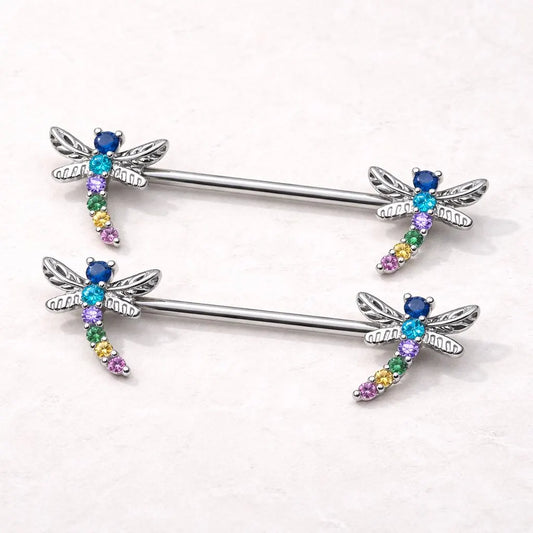 Rainbow Jeweled Dragonfly Nipple Bar Nipple Ring Skin Metals