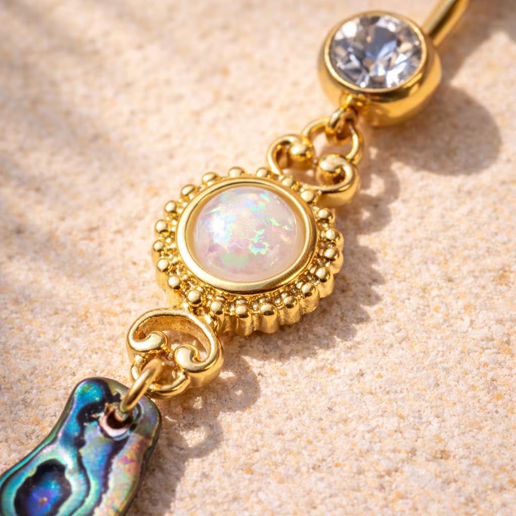Gold Plated Sunburst Navel Ring with Synthetic Opal and Abalone Navel Ring Skin Metals