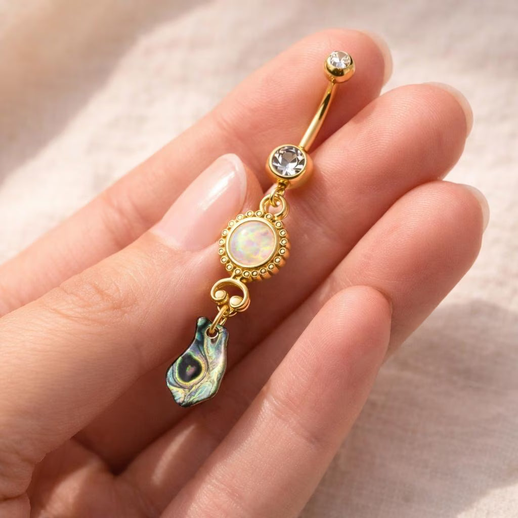 Gold Plated Sunburst Navel Ring with Synthetic Opal and Abalone Navel Ring Skin Metals