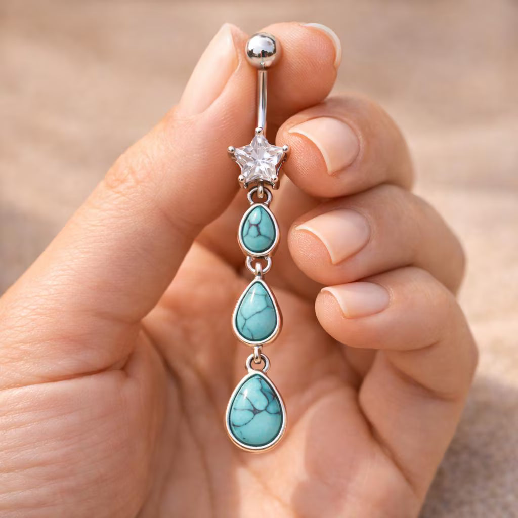 Stainless Steel Triple Teardrop Turquoise Dangle Navel Ring Navel Ring Skin Metals