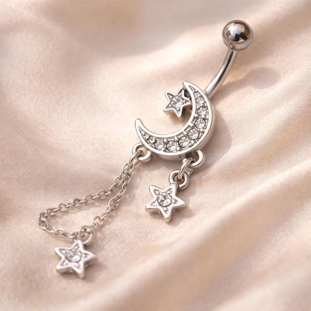 Stainless Steel Moon and Stars Dangle Navel Ring Navel Ring Impulse Piercings