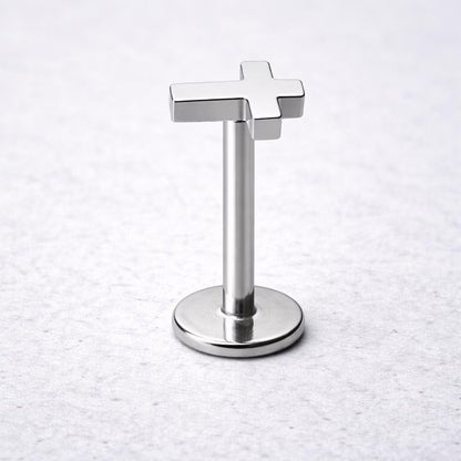 Cross labret stud 16G internally threaded, 316L stainless steel flat back Monroe piercing jewelry