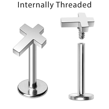 Internally threaded cross labret stud diagram, 316L stainless steel smooth threading detail comparison