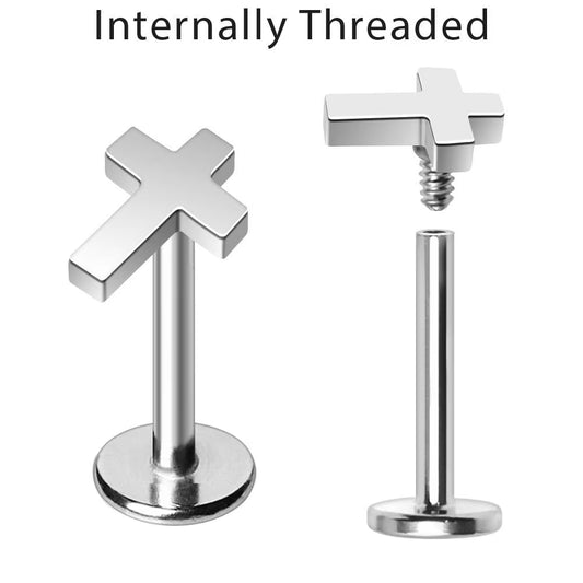 Cross Labret Stud 16G Internally Threaded 316L Steel