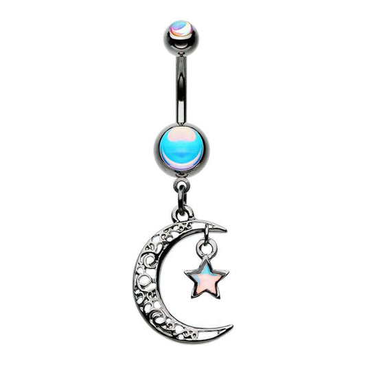 Illuminating Moonstone Filigree Hematite Moon Star Sparkle Belly Button Ring Navel Ring Impulse Piercings