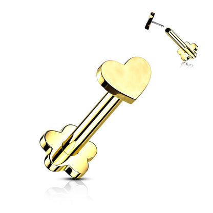 Implant Grade Titanium Threadless Push in Flower Base Labret With Heart Shaped Top Labret Skin Metals Gold
