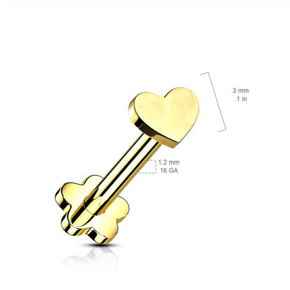 Implant Grade Titanium Threadless Push in Flower Base Labret With Heart Shaped Top Labret Skin Metals