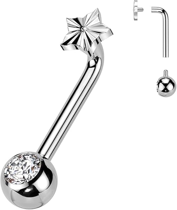 Implant Grade Titanium Internally Threaded L Bent Christina Piercing With CZ Flower Top and Pressed Fit Gem End