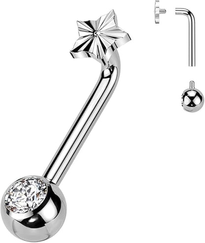 Implant Grade Titanium Internally Threaded L Bent Christina Piercing With CZ Flower Top and Pressed Fit Gem End