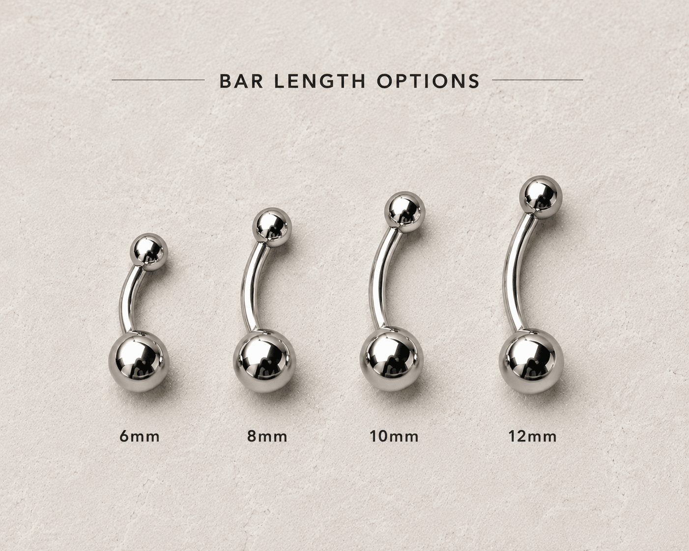 Implant grade titanium navel ring all four sizes comparison, 14G Ti6AL4V ELI solid balls 10mm 11mm 12mm belly ring