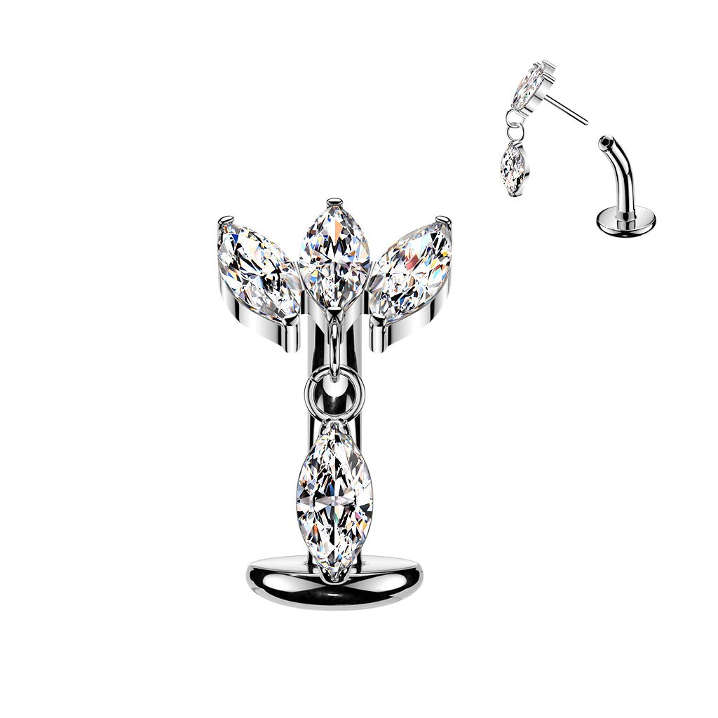 Implant Grade Titanium Threadless Belly Button Ring with Triple Marquise CZ Fan & Dangle