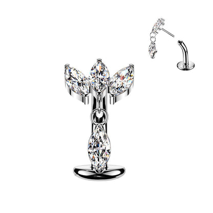 Implant Grade Titanium Threadless Belly Button Ring with Triple Marquise CZ Fan & Dangle