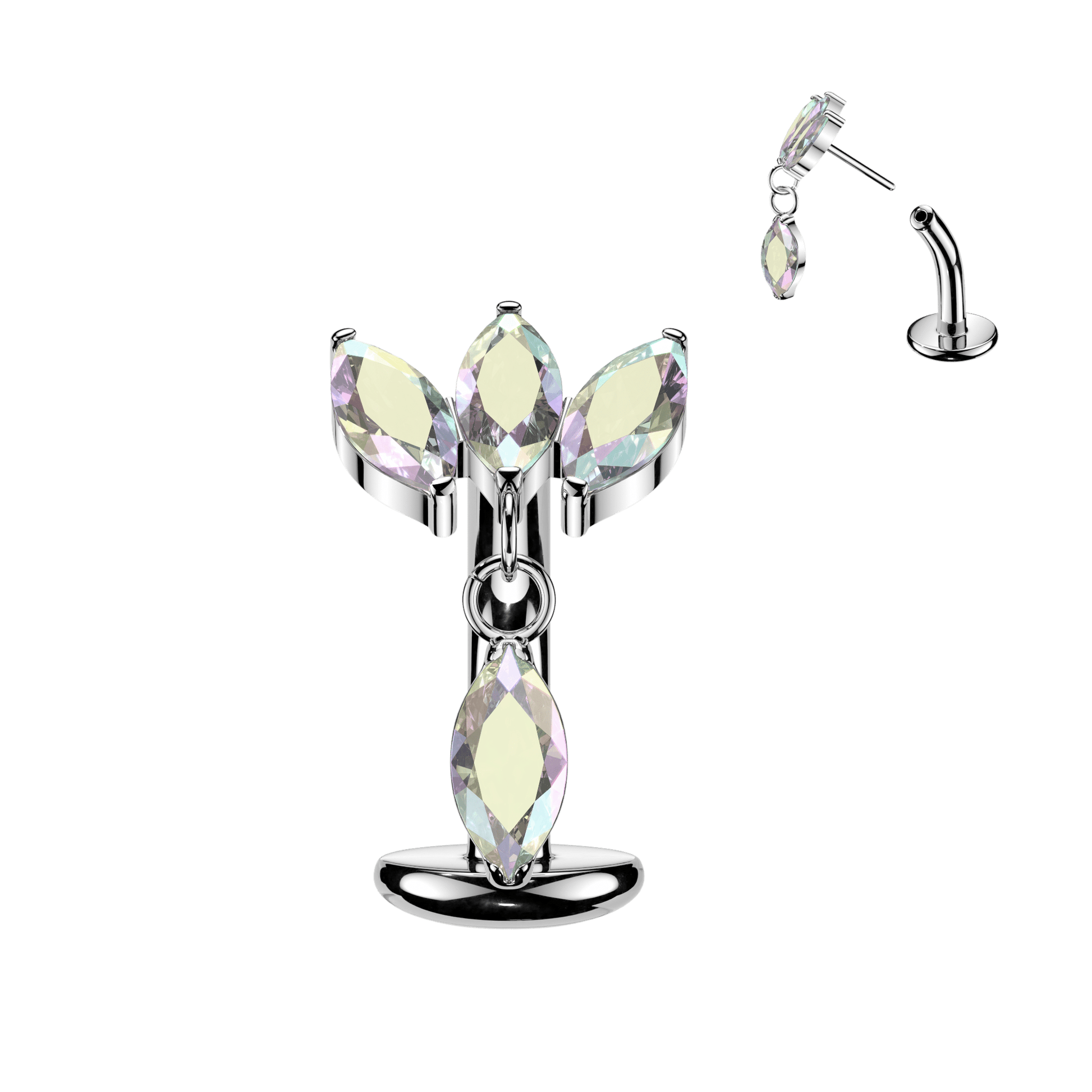 Implant Grade Titanium Threadless Belly Button Ring with Triple Marquise CZ Fan & Dangle