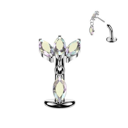 Implant Grade Titanium Threadless Belly Button Ring with Triple Marquise CZ Fan & Dangle