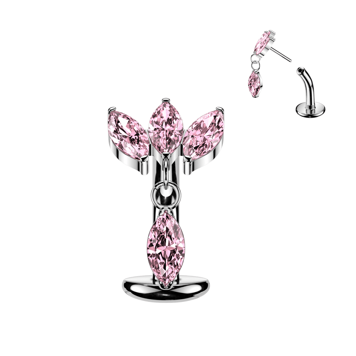 Implant Grade Titanium Threadless Belly Button Ring with Triple Marquise CZ Fan & Dangle
