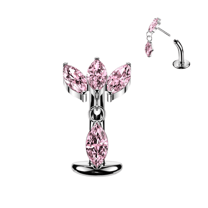 Implant Grade Titanium Threadless Belly Button Ring with Triple Marquise CZ Fan & Dangle