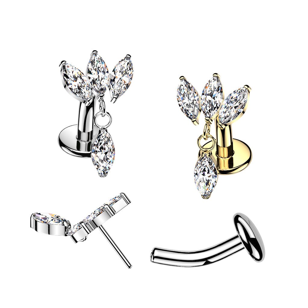 Implant Grade Titanium Threadless Belly Button Ring with Triple Marquise CZ Fan & Dangle
