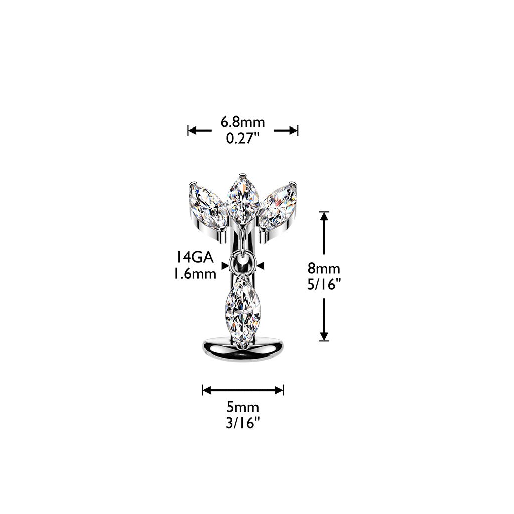Implant Grade Titanium Threadless Belly Button Ring with Triple Marquise CZ Fan & Dangle