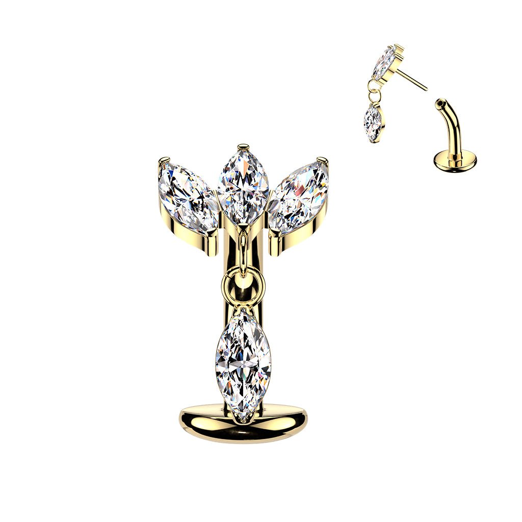 Implant Grade Titanium Threadless Belly Button Ring with Triple Marquise CZ Fan & Dangle
