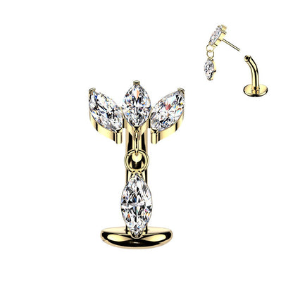 Implant Grade Titanium Threadless Belly Button Ring with Triple Marquise CZ Fan & Dangle
