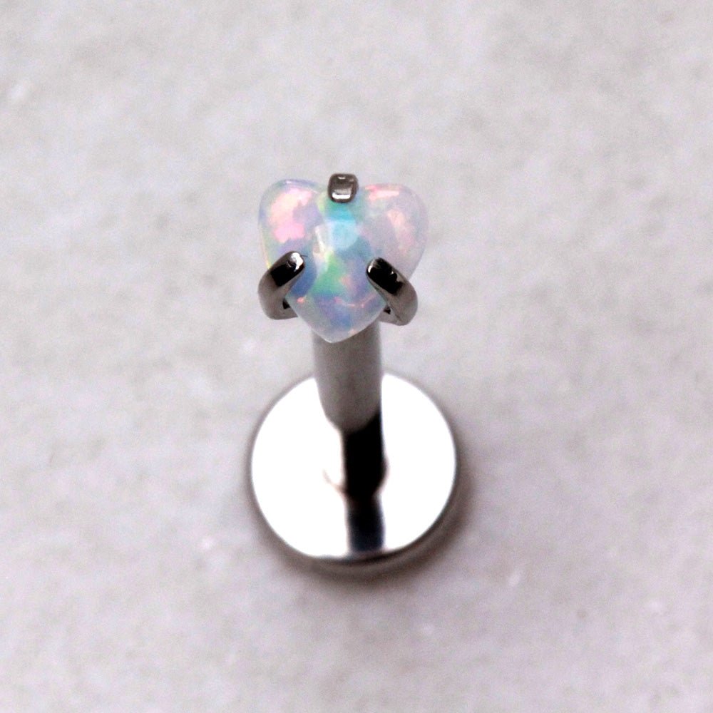 Internally Threaded 316L Stainless Steel Labret with Prong Set Heart Synthetic Opal Labret Skin Metals