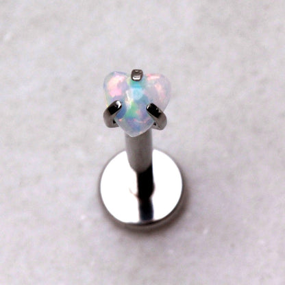 Internally Threaded 316L Stainless Steel Labret with Prong Set Heart Synthetic Opal Labret Skin Metals