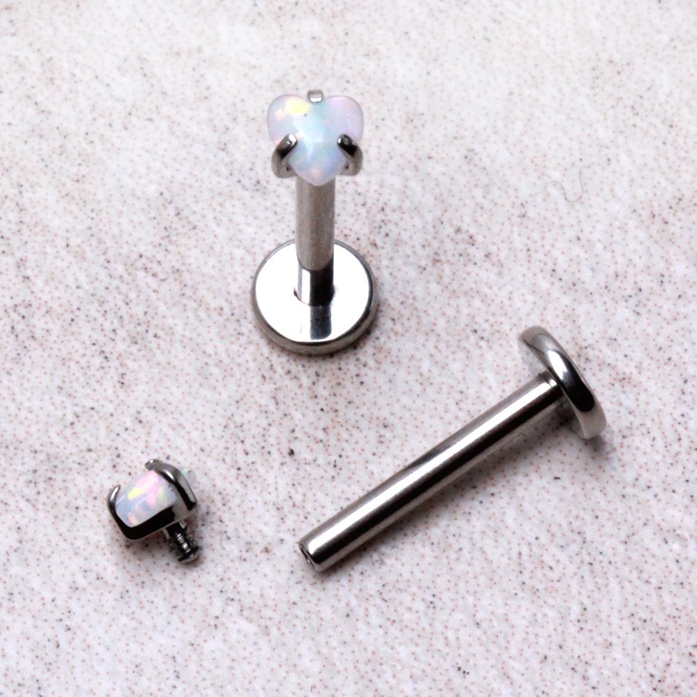 Internally Threaded 316L Stainless Steel Labret with Prong Set Heart Synthetic Opal Labret Skin Metals