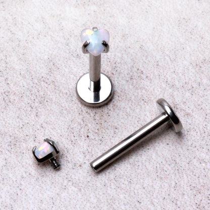 Internally Threaded 316L Stainless Steel Labret with Prong Set Heart Synthetic Opal Labret Skin Metals
