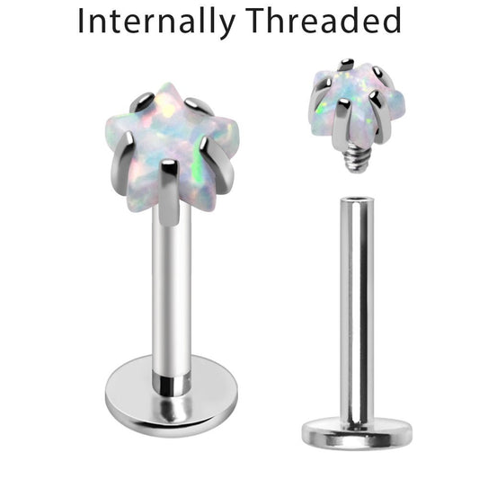 Internally Threaded 316L Stainless Steel Labret with Prong Set Star Synthetic Opal Labret Skin Metals