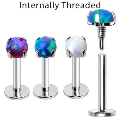 Internally Threaded 316L Stainless Steel Labret with Prong Set Synthetic Opal Labret Impulse Piercings White
