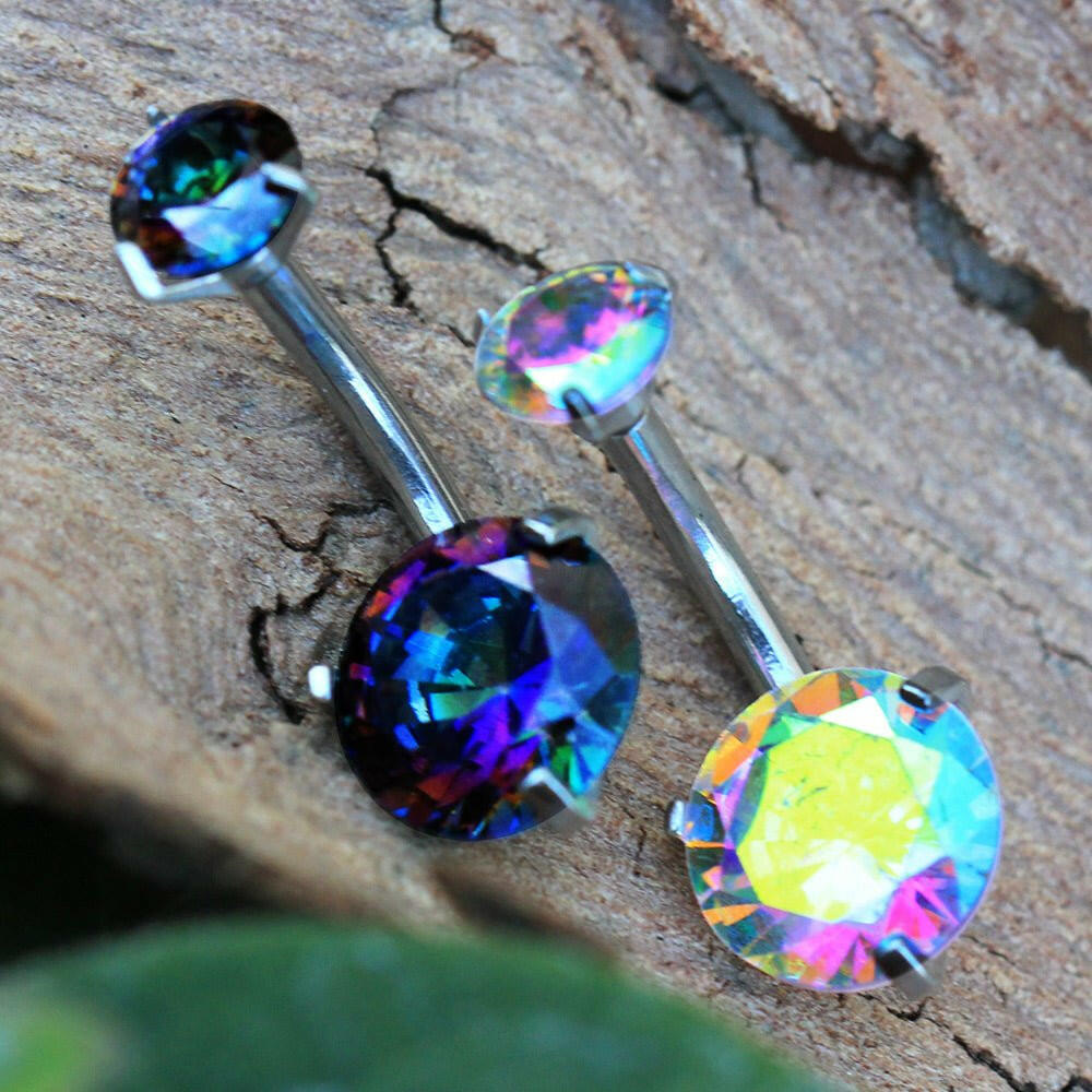 Internally Threaded 316L Stainless Steel Prong Set Iridescent Cubic Navel Ring Navel Ring Impulse Piercings