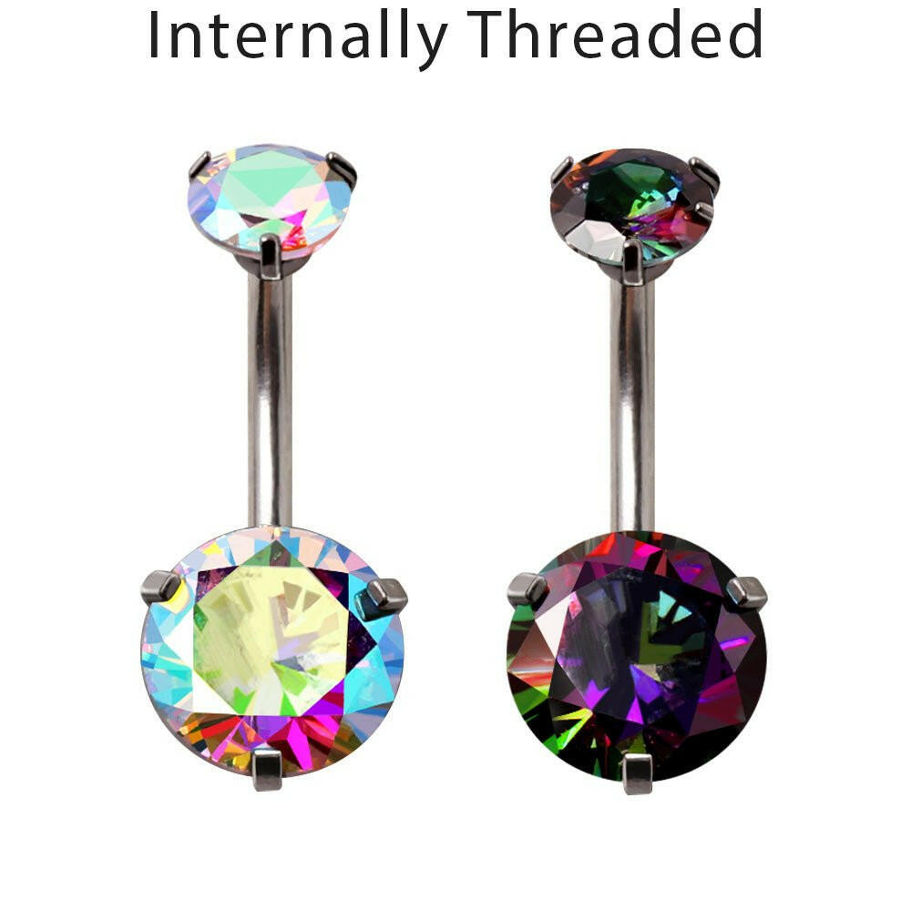 Internally Threaded 316L Stainless Steel Prong Set Iridescent Cubic Navel Ring Navel Ring Impulse Piercings Aurora Borealis